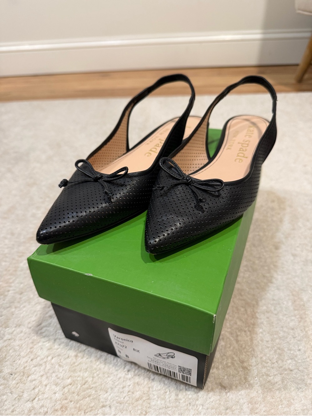 Kate Spade Black Perforated Slingback Pointed-Toe Flats, size 8